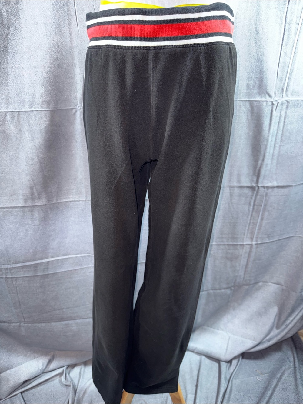 3132-Athletic Works Black Track Pants with Red & White Striped Waistband